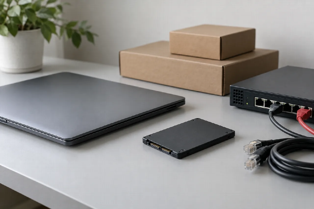 Symbolbild: Notebook, Netzwerkswitch und Speicher für IT-Infrastruktur.