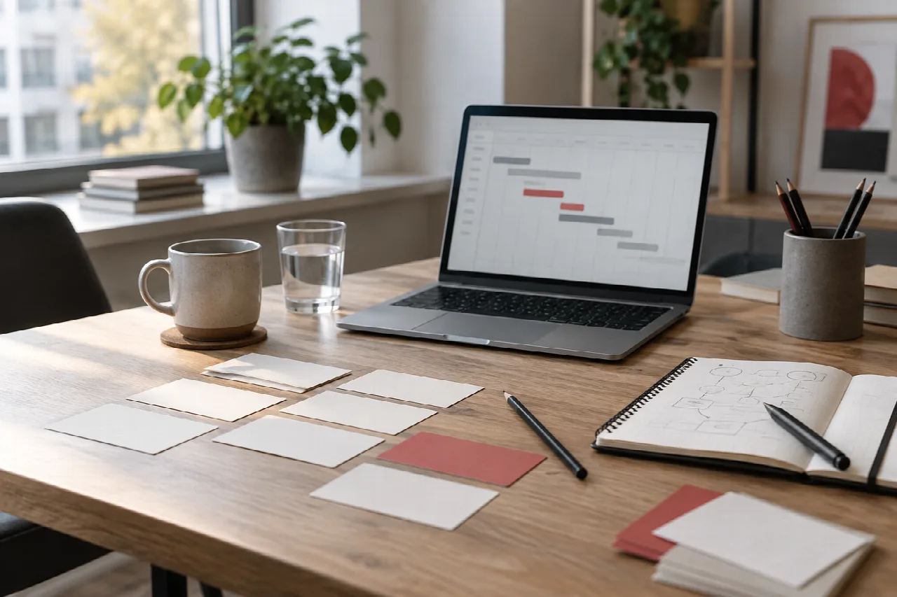 Symbolbild: Projektplanung mit Laptop, Notizbuch und Planungskarten.